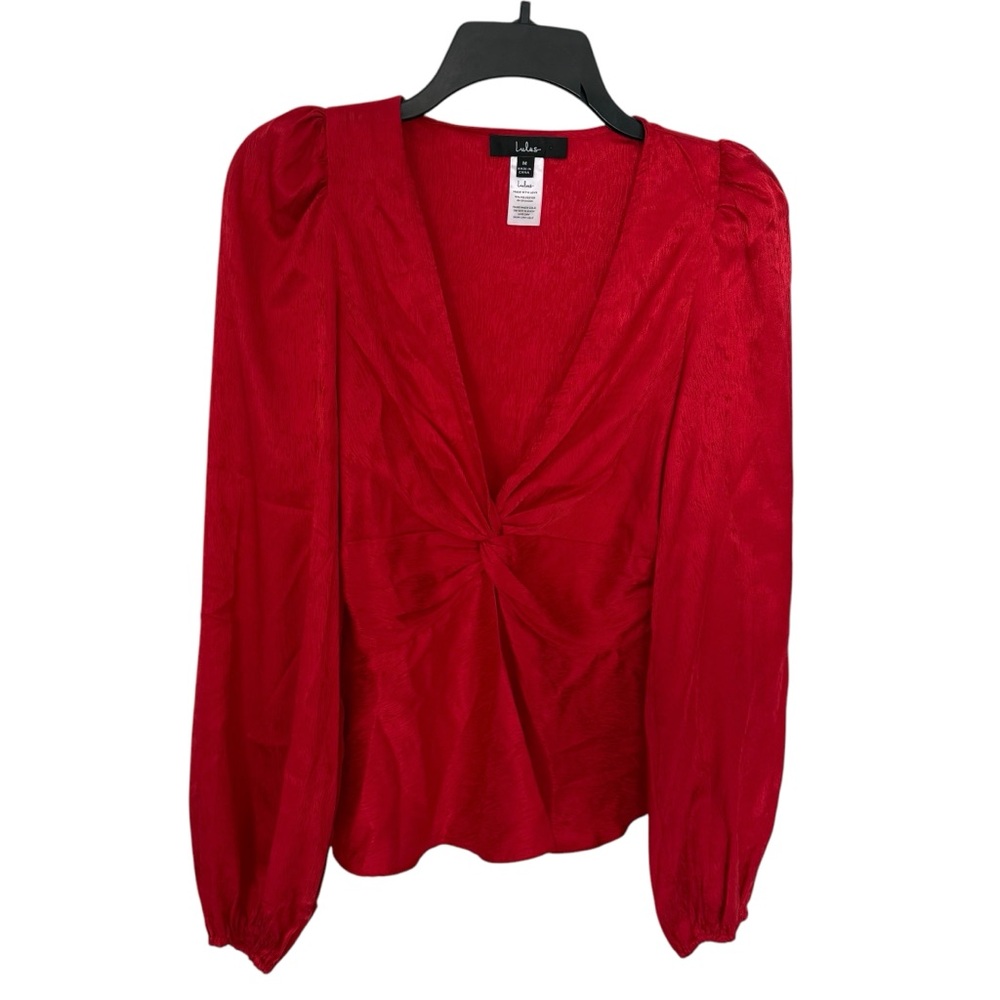 Lulu’s Women’s Dressy Blouse Long Sleeve Top Red Elastic Waist & Wrists Size Med